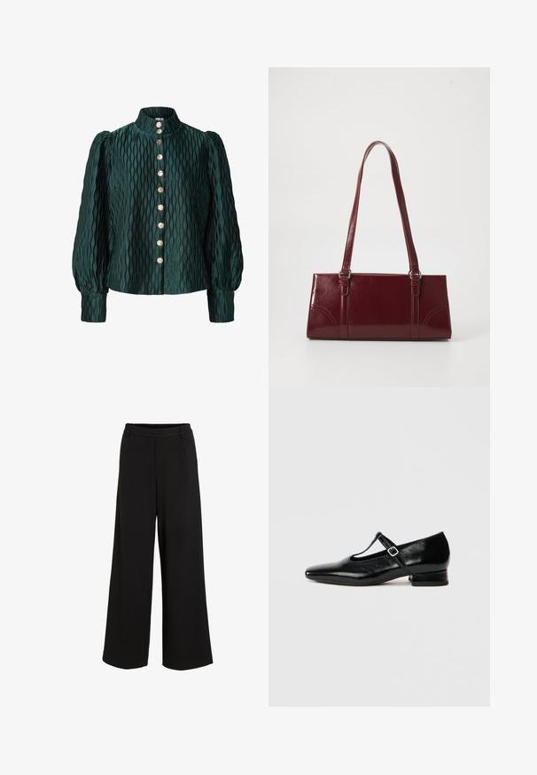 Blusa texturizada de color verde oscuro con mangas largas abullonadas, cuello alto y una fila frontal de ocho botones redondos dorados.; Pantalones de pierna ancha negros hechos de una tela suave. Cuentan con una cinturilla ajustada con un sutil detalle de pliegue y un diseño limpio, sin adornos.; Zapatos Mary Jane de cuero negro con punta puntiaguda, tacón pequeño de bloque y correa ajustable con hebilla plateada. Textura lisa y brillante.; Bolso burdeos hecho de material brillante, de forma rectangular, con dos asas para el hombro y sutiles acentos curvados en la parte frontal.
