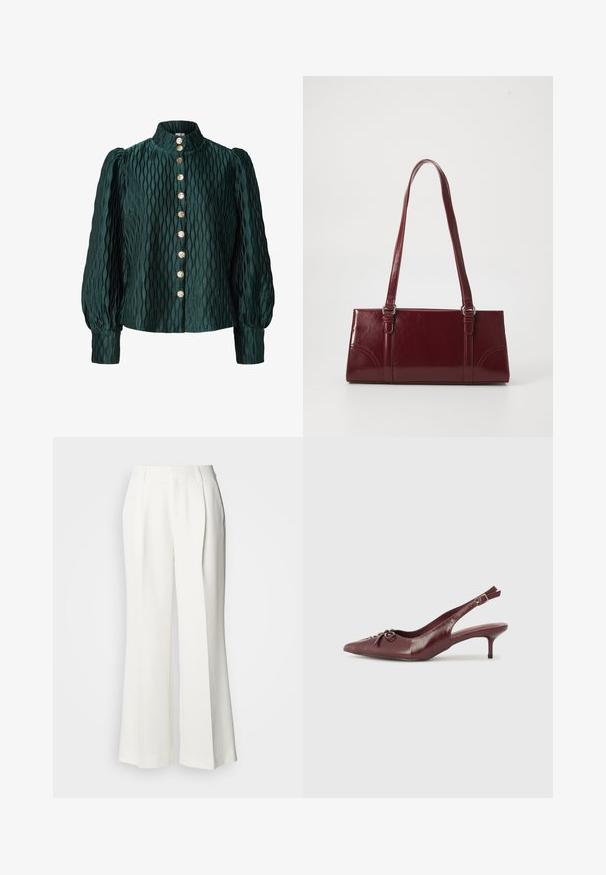 Blusa texturizada de color verde oscuro con mangas largas abullonadas, cuello alto y una fila frontal de ocho botones redondos dorados.; Pantalones blancos de pierna ancha con pliegues frontales, una cinturilla con trabillas para cinturón y bolsillos laterales, mostrados sobre un fondo claro.; Tacón slingback de cuero burdeos con punta afilada, correa ajustable y detalle decorativo de lazo en la parte delantera. Altura del tacón de 3 pulgadas.; Bolso burdeos hecho de material brillante, de forma rectangular, con dos asas para el hombro y sutiles acentos curvados en la parte frontal.