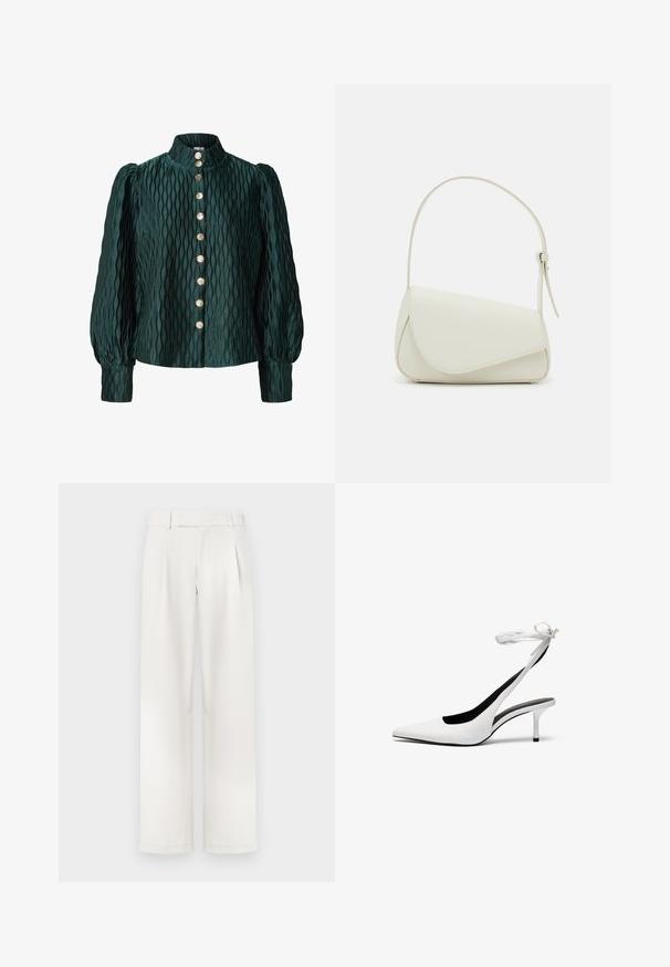 Blusa texturizada de color verde oscuro con mangas largas abullonadas, cuello alto y una fila frontal de ocho botones redondos dorados.; Pantalones de pierna ancha color crema con un frente plano, pliegues y una textura de tela suave. Diseñados con presillas para cinturón y dobladillos ajustados.; Zapatos de tacón de punta blanca con tiras traseras delgadas. Material de cuero suave, tacón de aguja delgado y un forro interior negro.; Bolso de mano de imitación cuero blanco con una forma triangular estructurada, correa ajustable única y cierre con solapa acentuada en curva.