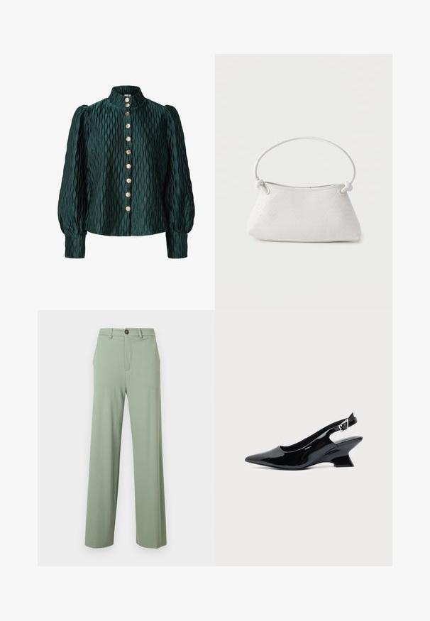 Donkergroene gebreide blouse met opgeblazen lange mouwen, hoge kraag en een voorkant met acht gouden ronde knopen.; Lichtgroene rechte broek met riemlussen, zijzakken en een knoopsluiting in de tailleband.; Zwarte lakleren slingback schoen met spitse neus en lage schuine blokhak op een effen lichte achtergrond.; Witte handtas van gevlochten leer met een afgeronde handgreep en uiteinden van de band die geknoopt zijn, afgebeeld tegen een effen achtergrond.