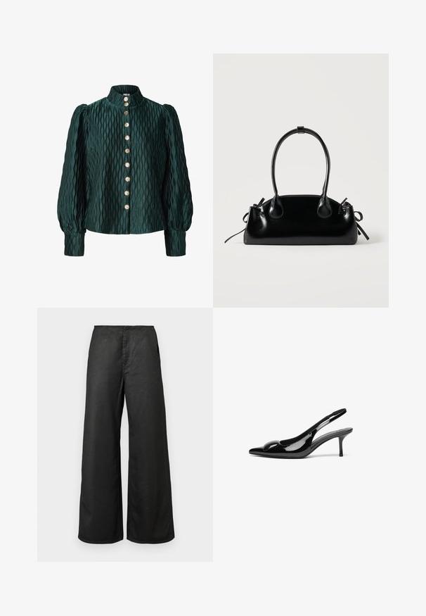 Blusa texturizada de color verde oscuro con mangas largas abullonadas, cuello alto y una fila frontal de ocho botones redondos dorados.; Pantalones de pierna ancha negros con bolsillos frontales y cintura alta, confeccionados con una tela suave, expuestos sobre un fondo claro y liso.; Tacones slingback de charol negro con punta afilada y acabado brillante. Presentan un tacón delgado y un acento redondeado en el empeine.; Pequeño bolso negro brillante con dos asas largas y detalles de cordón lateral sobre un fondo claro liso.