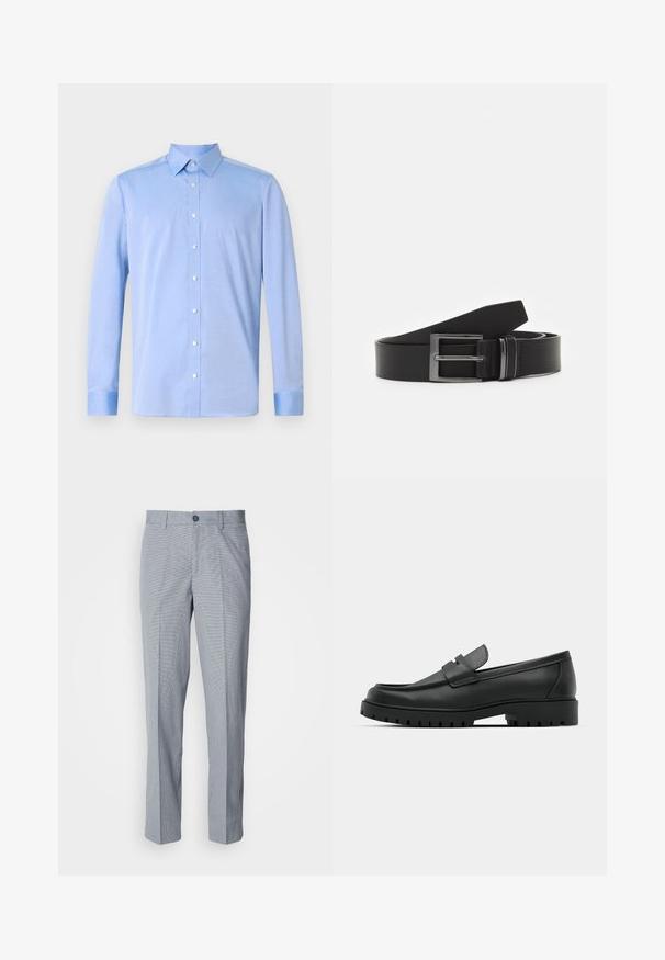 Chemise bleu clair à manches longues, avec un col classique et des boutons blancs. Le tissu semble lisse avec une légère texture.; Pantalons en tissu à carreaux gris, coupe ajustée, avec une texture de tissu lisse, un devant plat et une fermeture à bouton unique.; Mocassins en cuir noir à bout arrondi, avec un design cousu, une semelle plateforme basse et une semelle en caoutchouc texturée et crantée.; Ceinture en cuir noir avec une boucle en métal argenté rectangulaire, au design plat et à la texture lisse. Les extrémités s'effilent pour un enfilage facile.