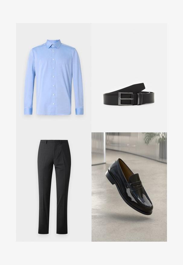 Lyseblå skjorte med lange ærmer, klassisk krave og hvide knapper. Stof virker glat med en subtil tekstur.; Skræddersyede mørkegrå bukser med en glat tekstur, slim fit, flad front og standard talje. Har pressede folder og ingen synlige mønstre.; Sorte patentlæder loafer med en syet detalje, rund tå, lav hæl og glat overflade, præsenteret mod en neutral baggrund.; Sorte læderbælte med en rektangulær sølvmetalspænde, fladt design og glat tekstur. Enderne er tilspidsede for nem påtrækning.