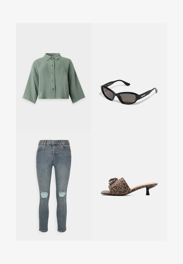Vaaleanvihreä tekstuuri napillinen paita, leveillä kolmen neljänneksen hihoilla ja pienellä kauluksella, esitelty yksivärisellä taustalla.; Dr.Denim Petite LEXY - Skinny-Farkut - blue denim; Ruskeat leopardikuvioidut mulesandaalit, joissa on matala musta korko ja koristeelliset tupsut leveällä remmillä.; Mustat aurinkolasit, joissa on suorakulmainen kehys, tummat linssit, sileä muovimateriaali ja metallinen yksityiskohta temppelissä.