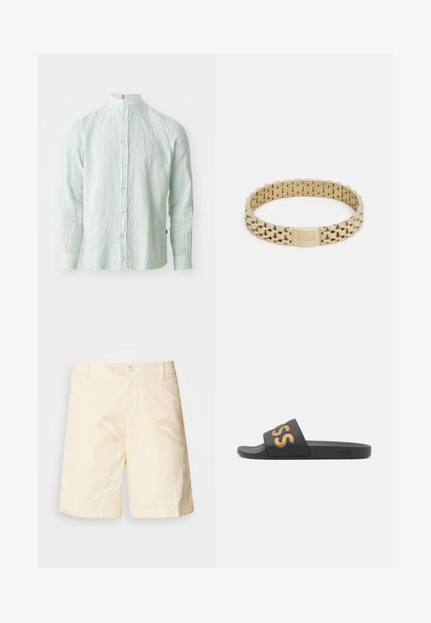 Chemise à manches longues en lin vert clair avec un col montant, fermeture à boutons sur le devant et texture subtile. Présente un accent orange sur le col.; Shorts en coton de couleur jaune pâle avec un motif floral. Dotés d'une fermeture à bouton, de poches avant et d'une coupe droite avec des bords ourlés.; Tongs noires avec une large sangle arborant un logo doré en relief. Semelle texturée et matériau supérieur lisse, conçues pour un usage décontracté.; Bracelet en métal doré avec un design en maillons, présentant une texture lisse et un fermoir gravé "BOSS".