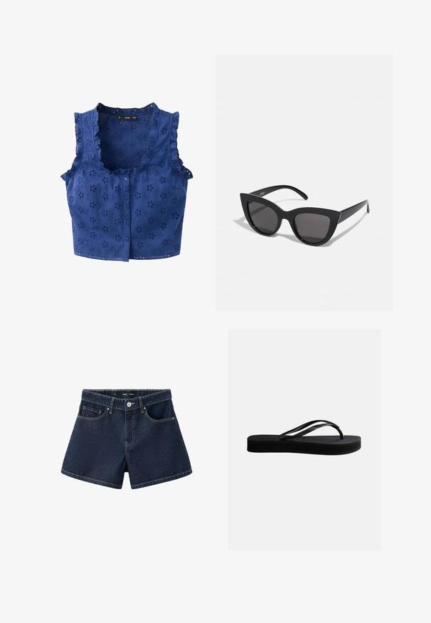 Blouse bleue sans manches avec boutons devant, broderie florale ajourée, et bords volantés le long de l'encolure et des emmanchures.; Short en jean bleu foncé avec bouton à l'avant, fermeture éclair, passants de ceinture et deux poches avant sur fond blanc uni.; Tongs en caoutchouc noir avec semelle texturée et bride en forme de Y, vues de côté sur un fond clair uni.; Lunettes de soleil noires en forme d'œil de chat avec une finition mate, dotées de verres teintés gris, d'angles aigus et de branches élégantes. Nom de la marque visible sur la branche intérieure.