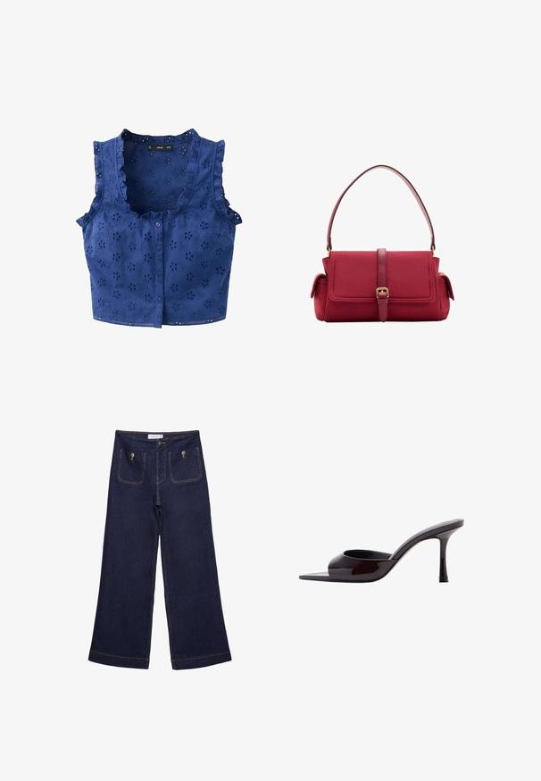 Blouse bleue sans manches avec boutons devant, broderie florale ajourée, et bords volantés le long de l'encolure et des emmanchures.; Pantalon en jean large bleu foncé à taille haute, poches plaquées à l'avant fermées par des boutons en métal et détails de coutures visibles.; Mule en cuir verni noir à bout ouvert avec un talon stiletto fin de hauteur moyenne et une bride supérieure basse.; Petit sac à main rouge avec poignée supérieure, rabat avant, poches latérales et une boucle dorée sur une sangle assurant le rabat.