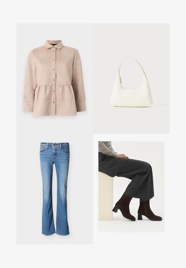 Beige ruskindskjorte med krave, knaplukning foran og peplum talje. Har lange ærmer og en glat tekstur med små knapper.; Lyseblå denimjeans med en let flare nederst, klassisk design med fem lommer og knaplukning ved taljen.; Brune ruskinds ankelstøvler med blokhæl og lynlås på siden, parret med løse grå bukser, siddende op ad en lysefarvet piedestal.; Lille hvid skuldertaske med en enkelt justerbar rem og en lynlåslukning, sat mod en ensfarvet hvid baggrund.