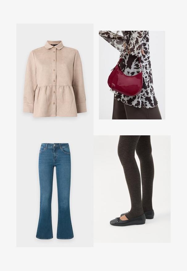Vaalean beige-suede-paita, jossa on kauluspää ja napitus edessä, sekä peplum-vyötärö. Ominaisuuksiin kuuluvat pitkät hihat ja sileä pinta, jossa on pieniä nappeja.; Siniset farkut, joissa on lievästi levenevät lahkeet, keskipitkä vyötärö, viisi taskua ja hillityt ommeltu yksityiskohtia. Sileä materiaali, jossa on klassinen pesu.; Jalat, joissa tummat ribbineuleiset leggingsit yhdistettynä mustiin balettitossuihin, joissa on pienet rusettikoristeet valkoisella taustalla.; Nainen, jolla on mustavalkoinen kuviollinen pusero, pitää kiiltävää punaista olkalaukkua yksiväristä taustaa vasten.
