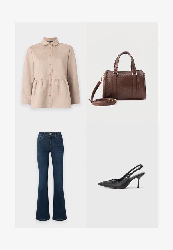 Beige suède shirt met een kraag, knoopsluiting aan de voorkant en een peplum taille. Heeft lange mouwen en een gladde textuur met kleine knopen.; Donkerblauwe spijkerbroek met een taillehoogte halverwege, vijfzakkenstijl en wijde pijpen, plat liggend tegen een witte achtergrond.; Zwarte leren slingback stiletto met spitse neus, zijgesp met gesp, studs langs de rand en decoratieve veters aan de voorkant.; Donkerbruine gevlochten leren handtas met dubbele gevlochten handvatten, gouden beslag en afneembare schouderriem opgerold aan de voorkant.