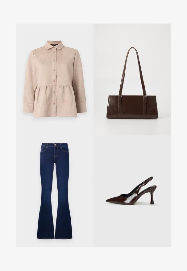 Camisa de ante beige con cuello tipo camisa, botones en la parte frontal y cintura peplum. Presenta mangas largas y una textura suave con pequeños botones.; Jeans de campana de mezclilla azul oscuro con botón frontal, cremallera, trabillas y cinco bolsillos, exhibidos sobre un fondo blanco.; Zapatos de tacón slingback de charol marrón con punta afilada, tacón delgado y correa ajustable con una pequeña hebilla.; Bolso de mano de piel sintética marrón con forma rectangular, dos asas largas y sutiles acentos curvados en la parte delantera.