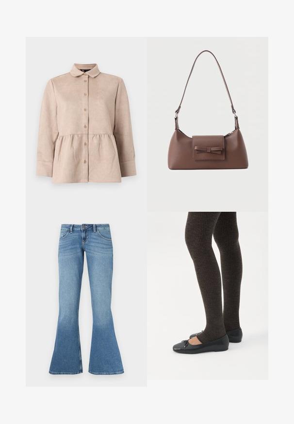 Camisa de ante beige con cuello tipo camisa, botones en la parte frontal y cintura peplum. Presenta mangas largas y una textura suave con pequeños botones.; Vaqueros acampanados de mezclilla azul con cintura alta, que cuentan con cinco bolsillos, costuras en contraste y un ligero degradado de color hacia el dobladillo.; Piernas con leggings oscuros acanalados combinados con bailarinas negras que presentan pequeños detalles de lazo sobre un fondo blanco.; Bolso bandolera de cuero marrón con un bolsillo frontal de solapa que presenta un detalle de moño cosido y una correa ajustable.