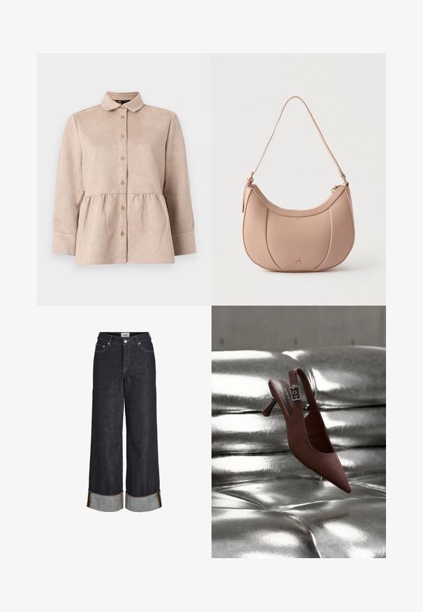 Camisa de ante beige con cuello tipo camisa, botones en la parte frontal y cintura peplum. Presenta mangas largas y una textura suave con pequeños botones.; Vaqueros azul oscuro de pierna ancha con dobladillos remangados, cinco bolsillos y costuras en contraste de color amarillo.; Zapato slingback marrón con punta, tacón bajo y correa con hebilla, reposando sobre una superficie acolchada plateada metálica y brillante.; Bolso de mano de cuero color beige con forma de media luna, una sola correa para el hombro, cremallera dorada y pequeño logo dorado en el panel central delantero.