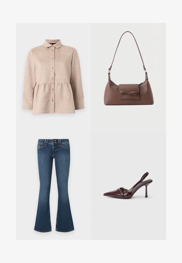 Beige suède shirt met een kraag, knoopsluiting aan de voorkant en een peplum taille. Heeft lange mouwen en een gladde textuur met kleine knopen.; Blauwe denim flair jeans met een hoge taille, voorzien van een sluiting met twee knopen, vijf zakken en contrasterende stiksels langs de naden.; Bordeauxrode lakleren slingback met puntige neus, dunne enkelband en kleine decoratieve gespsluiting. Gladde textuur en hoge hak.; Bruine leren schoudertas met een voorvak met klep en een gestikte strikdetail en een verstelbare band.