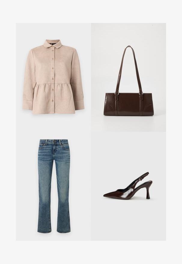 Beige suède shirt met een kraag, knoopsluiting aan de voorkant en een peplum taille. Heeft lange mouwen en een gladde textuur met kleine knopen.; Blauwe denim jeans met een taille op heuphoogte, knoopsluiting, voorzakken en licht uitlopende pijpen met vervaagde details.; Bruine gepatineerde leren slingback pumps met een spitse neus, een dunne hak en een verstelbaar bandje met een kleine gesp.; Bruine lakleren handtas met een rechthoekige vorm, twee lange handvatten en subtiele gebogen accenten aan de voorkant.