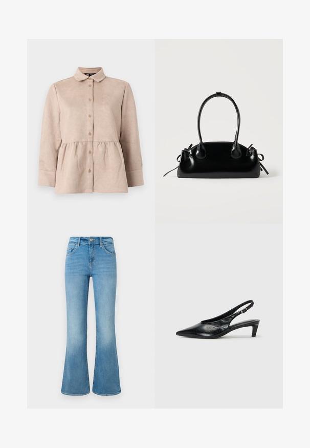 Camisa de ante beige con cuello tipo camisa, botones en la parte frontal y cintura peplum. Presenta mangas largas y una textura suave con pequeños botones.; Jeans de campana en denim azul claro con bolsillos frontales, presillas para cinturón y cierre de botón sobre un fondo blanco.; Tacón de piel negra tipo slingback con punta afilada, tacón bajo tipo kitten y correa ajustable con hebilla. Textura suave con un detalle mínimo.; Pequeño bolso negro brillante con dos asas largas y detalles de cordón lateral sobre un fondo claro liso.