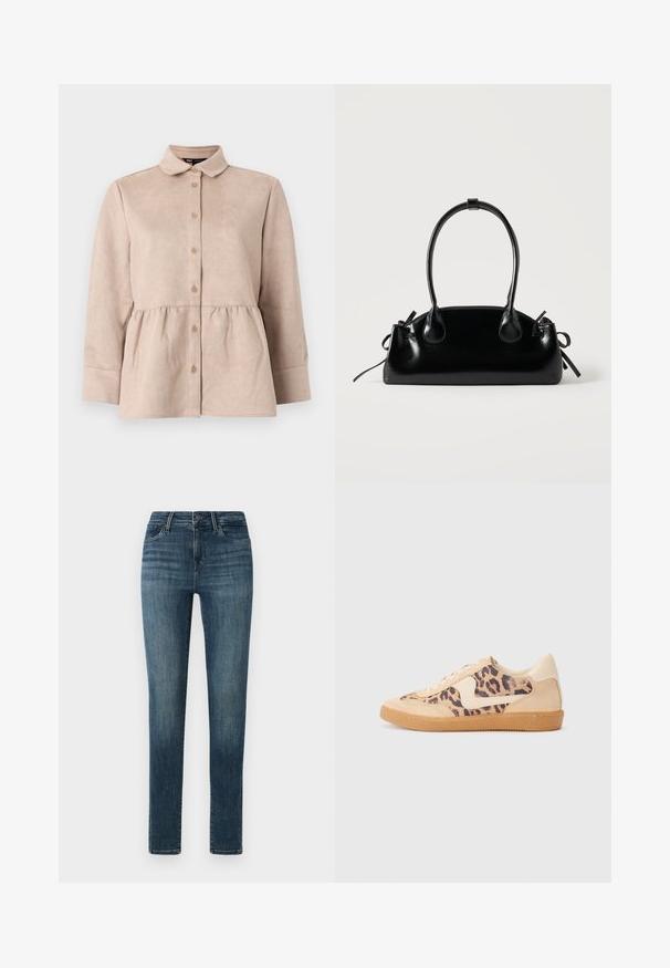 Beige ruskindskjorte med krave, knaplukning foran og peplum talje. Har lange ærmer og en glat tekstur med små knapper.; Mørkeblå denim jeans med slim fit, der har en knaplukning, fem lommer og subtile slidser langs lårene.; Leopardprint sneakers med beige ruskindsoverdel, tan gummisål og hvide detaljer. Rund pegefinger og snørebåndsdesign med en tekstureret finish.; Lille sort blank håndtaske med to lange håndtag og snøre-detaljer i siden på en ensfarvet lys baggrund.