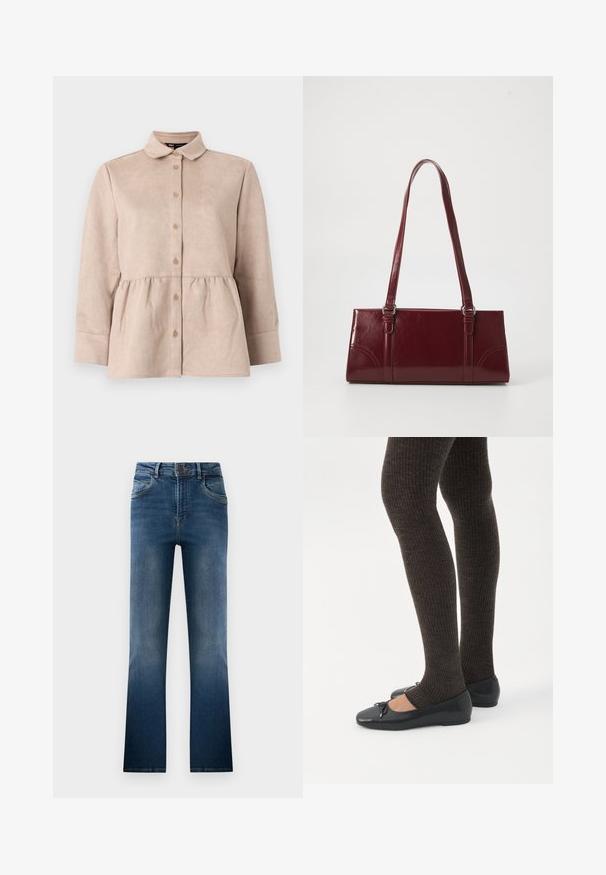 Beige ruskindskjorte med krave, knaplukning foran og peplum talje. Har lange ærmer og en glat tekstur med små knapper.; Mørkeblå denim jeans med flare, der har en falmet vask, fem lommer og bæltestropper. Klassisk design med knaplukning foran.; Ben iført mørke ribbede leggings kombineret med sorte balletsko med små sløjfedetaljer på hvid baggrund.; Bordeaux håndtaske lavet af glansfuldt materiale, rektangulær form, med to skulderremme og subtile buede detaljer på forsiden.