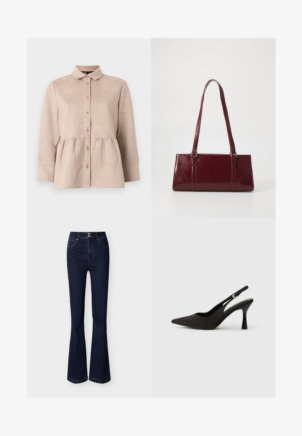 Camisa de ante beige con cuello tipo camisa, botones en la parte frontal y cintura peplum. Presenta mangas largas y una textura suave con pequeños botones.; Jeans de mezclilla azul oscuro de talle alto con piernas acampanadas, bolsillos frontales y cierre con doble botón en la cintura.; Zapatos de tacón negro tipo slingback con puntera afilada, acabado mate suave y un tacón delgado y brillante. Correa ajustable con detalle de hebilla pequeña.; Bolso burdeos hecho de material brillante, de forma rectangular, con dos asas para el hombro y sutiles acentos curvados en la parte frontal.