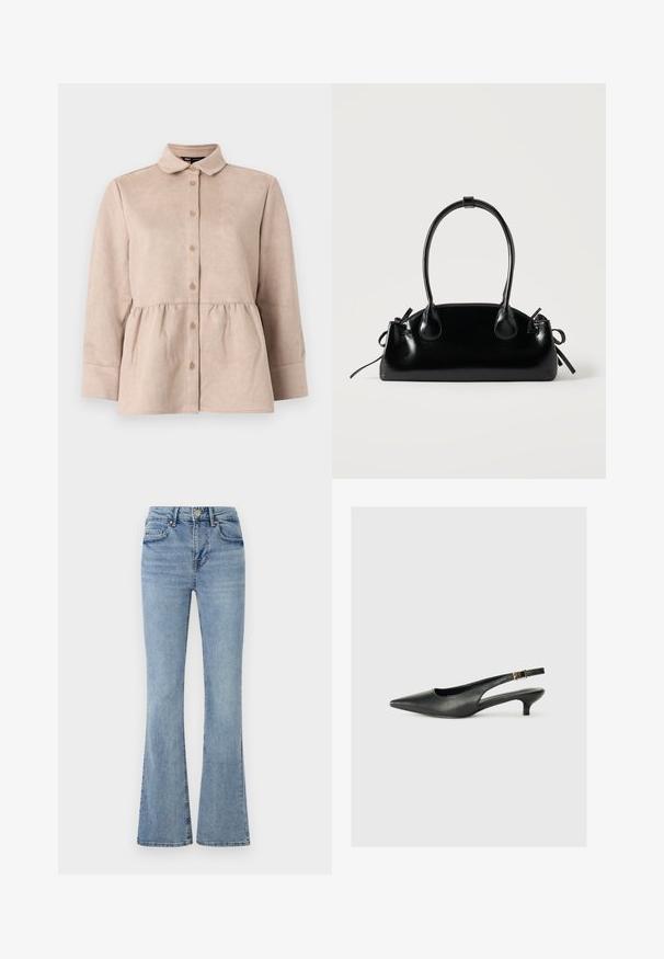 Vaalean beige-suede-paita, jossa on kauluspää ja napitus edessä, sekä peplum-vyötärö. Ominaisuuksiin kuuluvat pitkät hihat ja sileä pinta, jossa on pieniä nappeja.; Vaaleansiniset farkut, joissa on korkea vyötärö, etudivä ja vetoketju, viisi taskua ja hieman levenevät lahkeet.; Musta teräväkärkinen slingback-kengä, joka on valmistettu sileästä nahasta. Ominaisuuksiin kuuluu ohut korko ja soljellinen yksityiskohta säädettävässä hihnassa.; Pieni musta kiiltävä käsilaukku, jossa on kaksi pitkää kantokahvaa ja sivulla nyöritys yksityiskohtia yksinkertaisella vaalealla taustalla.