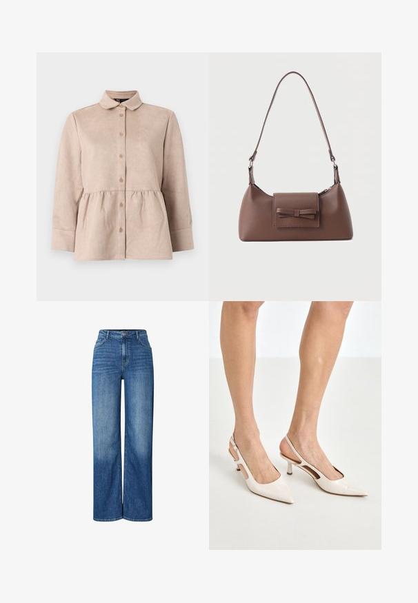 Camisa de ante beige con cuello tipo camisa, botones en la parte frontal y cintura peplum. Presenta mangas largas y una textura suave con pequeños botones.; Jeans de mezclilla azul de pierna ancha con cintura alta, que presentan áreas desgastadas, diseño tradicional de cinco bolsillos y cierre de botón en la parte frontal.; Tacones slingback de charol beige con punta afilada y un tacón de 5 cm, con lados recortados y una delgada correa en el tobillo.; Bolso bandolera de cuero marrón con un bolsillo frontal de solapa que presenta un detalle de moño cosido y una correa ajustable.