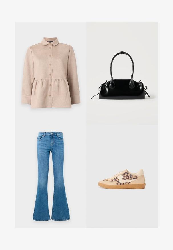 Camisa de ante beige con cuello tipo camisa, botones en la parte frontal y cintura peplum. Presenta mangas largas y una textura suave con pequeños botones.; Jeans de mezclilla azul acampanados con una cintura de media altura, que cuentan con cinco bolsillos, un cierre de botón estándar y un ligero desgastado para dar textura.; Zapatillas de leopardo con parte superior de ante beige, suela de goma marrón y acentos blancos. Punta redonda y diseño con cordones con un acabado texturado.; Pequeño bolso negro brillante con dos asas largas y detalles de cordón lateral sobre un fondo claro liso.