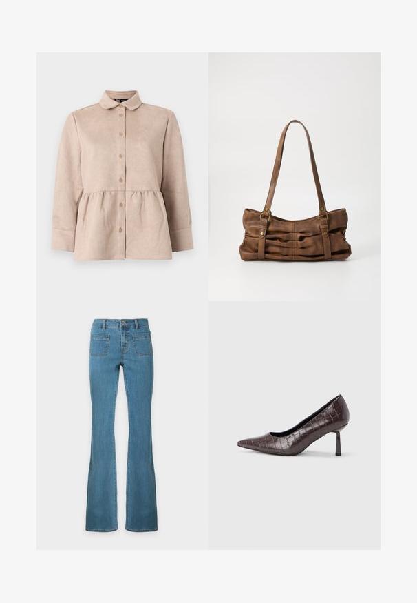 Beige suède shirt met een kraag, knoopsluiting aan de voorkant en een peplum taille. Heeft lange mouwen en een gladde textuur met kleine knopen.; Blauwe denim flared jeans met opgestikte voorzakken, riemlussen, een knoop en ritssluiting, plat weergegeven op een witte achtergrond.; Bruine nepleren pumps met een puntige neus en krokodillenstructuur, voorzien van een slanke, hoekige hak en een gladde binnenvoering.; Even&Odd Handtas - brown