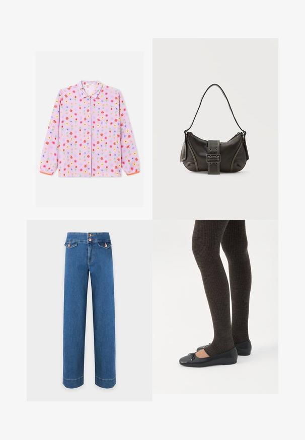Chemise à manches longues de couleur violet clair avec un motif floral couvrant en rouge, jaune et bleu. Comprend un col à revers et une fermeture à boutons.; Jean en denim bleu taille haute avec jambes larges, deux poches à rabat boutonnées à l'avant et boutons couleur cuivre à la ceinture.; Jambes portant des leggings côtelés foncés associés à des ballerines noires avec de petits détails en nœud sur fond blanc.; Sac à épaule en cuir noir avec une sangle à boucle, des bords arrondis et des coutures blanches contrastées sur un fond uni.