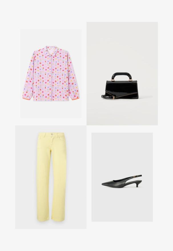 Chemise à manches longues de couleur violet clair avec un motif floral couvrant en rouge, jaune et bleu. Comprend un col à revers et une fermeture à boutons.; Pantalon jaune à jambes droites avec bouton devant, fermeture éclair et design à cinq poches sur fond uni.; Chaussure slingback noire à bout pointu en cuir lisse. Présente un talon fin et un détail de boucle sur la sangle réglable.; Sac à main rectangulaire noir brillant avec poignée supérieure, ferrures dorées et bandoulière amovible, posé sur un fond clair uni.