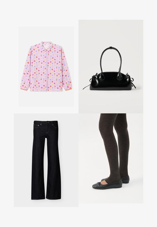 Chemise à manches longues de couleur violet clair avec un motif floral couvrant en rouge, jaune et bleu. Comprend un col à revers et une fermeture à boutons.; Jean denim noir à jambes larges avec poches avant, fermeture par bouton, et coutures apparentes, présenté sur un fond blanc uni.; Jambes portant des leggings côtelés foncés associés à des ballerines noires avec de petits détails en nœud sur fond blanc.; Petit sac à main noir brillant avec deux longues anses et des détails à cordon sur les côtés sur un fond clair uni.