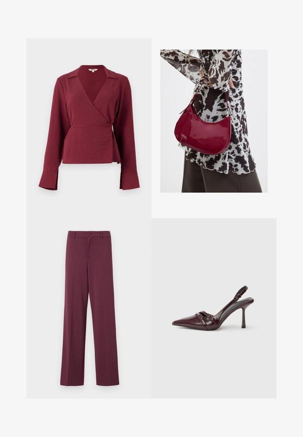 Blusa envolvente burdeos con mangas largas, cuello con muesca y detalle de lazo en la cintura, que presenta una tela texturizada y puños de mangas acampanados.; Pantalones de pernera amplia en color burdeos, hechos de una tela suave. Cuentan con un cierre de botón y bolsillos clásicos. Diseño simple sin patrones ni acentos.; Zapato de tacón slingback de charol burdeos con puntera puntiaguda, fina correa en el tobillo y pequeño detalle decorativo de hebilla. Textura suave y tacón alto.; Mujer con blusa de estampado en blanco y negro sosteniendo un bolso de hombro rojo brillante sobre un fondo liso.