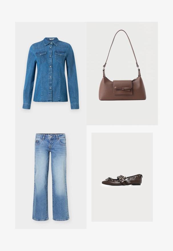 Denim-paita keskisinisessä värissä, jossa on nappi etuosassa, kaksi rintataskua ja kaulakuvio. Sileä pinta koristeompeleilla.; Vaaleansiniset farkut, joissa on hieman levenevät lahkeet, viiden taskun malli sekä edessä nappi- ja vetoketjukiinnitys.; Ruskea nahkainen tasapohjainen kenkä, jossa on kaksinkertaiset hopeiset solkikoristeiset remmit, koristeelliset nyörit reunoilla ja pieni rusetti kärkiosassa.; Ruskea nahkainen olkalaukku, jossa on etutasku, jossa on ommeltu rusetti, sekä säädettävä hihna.