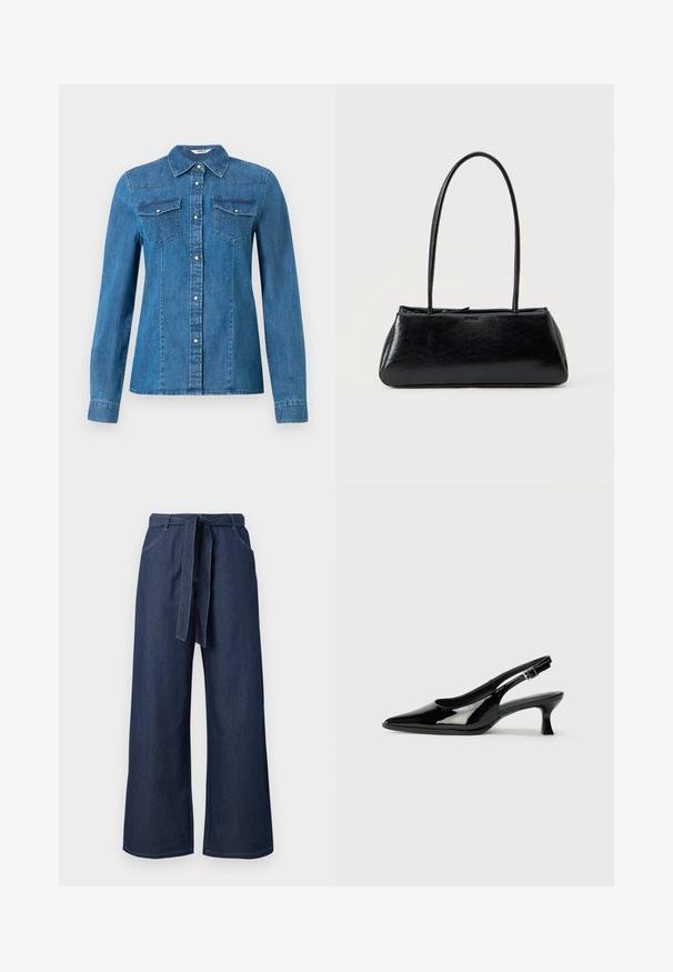 Denim overhemd in een medium blauwe kleur, met een knoopsluiting aan de voorkant, twee borstzakken en een kraag. Glad textuur met decoratieve stiksel.; Hoge taille, wijde donkerblauwe denim broek met voorzakken en een bijpassende stoffen riem die om de taille is geknoopt.; Zwarte lakleren slingback schoenen met een spitse neus en een lage blokhak. Verstelbare gespband bij de enkel.; Zwarte rechthoekige schoudertas met lange dunne banden en een gladde, glanzende textuur op een effen achtergrond.