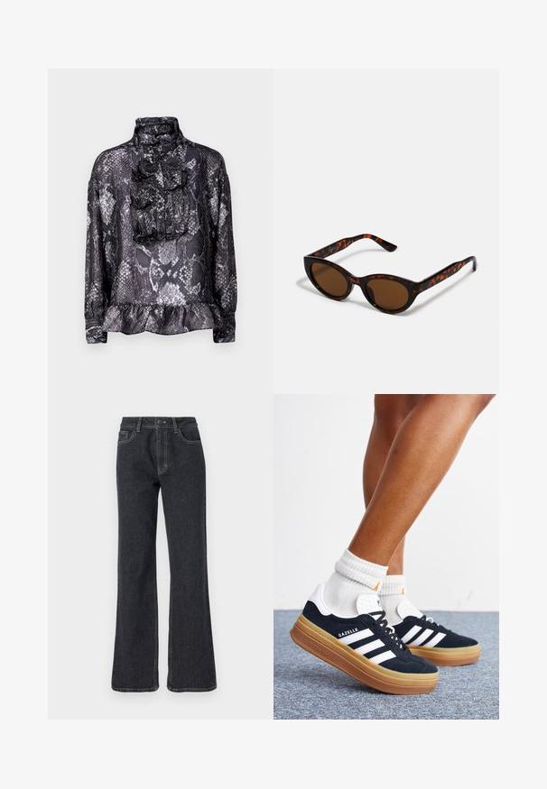 Blouse en imprimé serpent noir et gris avec un col haut, une patte de boutonnage froncée, une fermeture à boutons et un ourlet froncé. Manches longues avec poignets.; Jean en denim foncé à taille haute avec une coupe évasée, présentant des coutures dorées, cinq poches et une fermeture à bouton. Texture lisse, design de jambe droite.; Jambes portant des chaussettes blanches et des baskets Adidas Gazelle noires avec des bandes blanches et des semelles épaisses marron sur un sol recouvert de moquette grise.; Lunettes de soleil en écaille de tortue marron avec une forme vintage de lunettes cat-eye et des verres marron. Présente des branches courbées avec des accents rouges.
