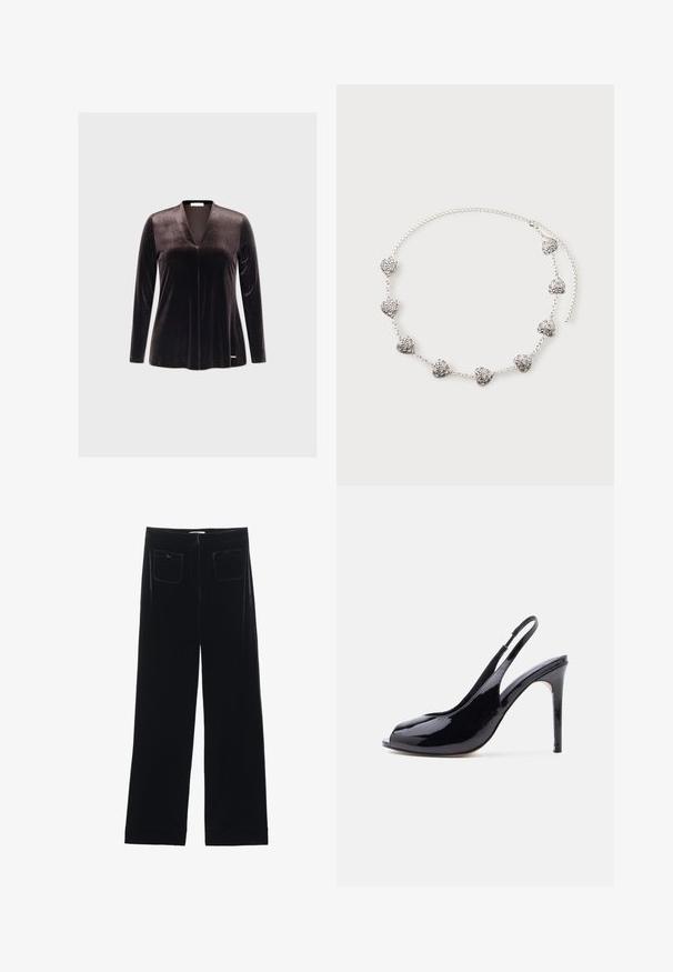 Haut long en velours noir avec un décolleté en V profond, texture lisse et design minimaliste. Présente un logo discret au niveau de l'ourlet.; Pantalons larges en velours noir avec deux poches arrière et une texture lisse, présentant une coupe droite et une finition ourlée aux chevilles.; Chaussure à talon haut à bride arrière en cuir verni noir avec bout ouvert et talon aiguille, sur fond blanc uni.; Collier chaîne en argent avec huit petits pendentifs en forme de cœur présentant des motifs complexes en spirale, posé à plat sur un fond clair.
