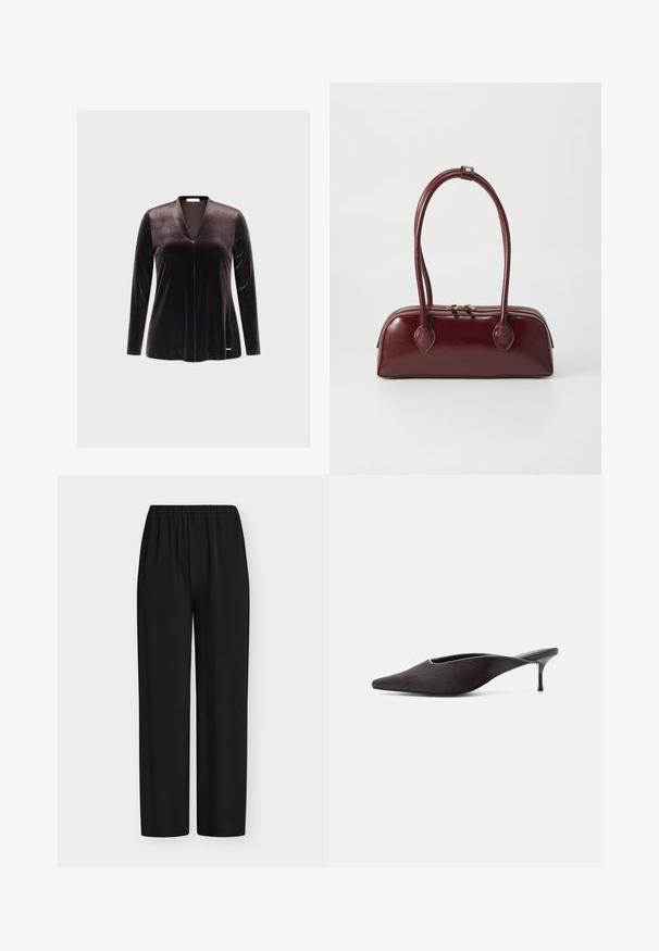 Haut long en velours noir avec un décolleté en V profond, texture lisse et design minimaliste. Présente un logo discret au niveau de l'ourlet.; Pantalon noir avec taille élastique, coupe droite, fabriqué en tissu lisse, présenté à plat sur un fond blanc.; Mule noire à bout pointu, talon stiletto bas et finition lisse et élégante, vue de profil sur fond blanc.; Sac à main en cuir bordeaux avec une forme courbée, deux poignées, fermeture éclair et détails de couture subtils. Fini lisse et brillant.