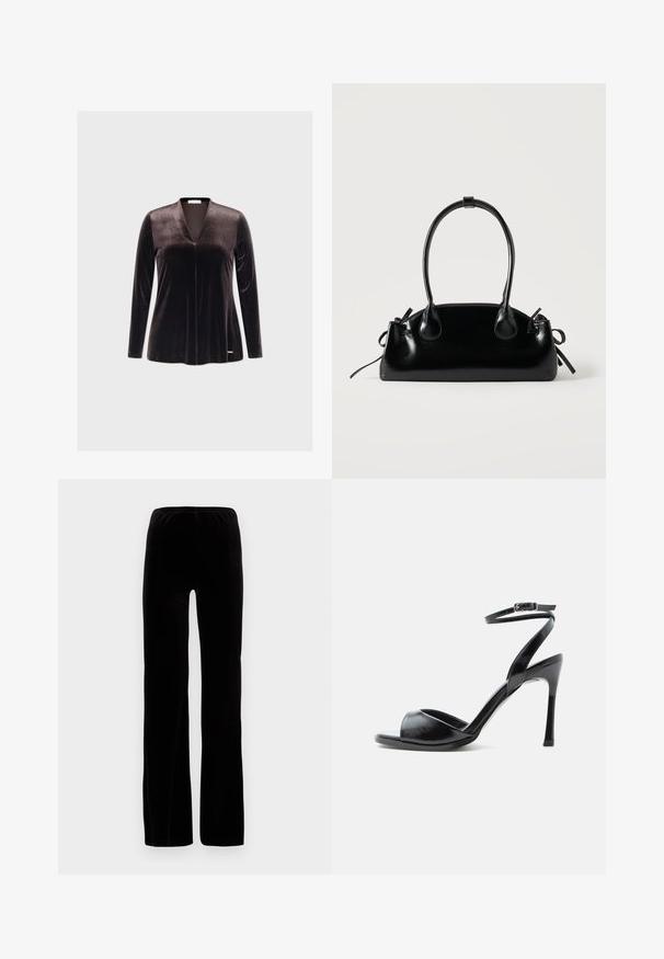 Top de terciopelo oscuro de manga larga con un escote en V profundo, textura suave y diseño minimalista. Presenta un logo sutil en el dobladillo.; Good American Pantalones - black; Sandalia negra de tacón alto con puntera abierta, tacón de aguja delgado y correa en el tobillo con hebilla sobre fondo blanco.; Pequeño bolso negro brillante con dos asas largas y detalles de cordón lateral sobre un fondo claro liso.