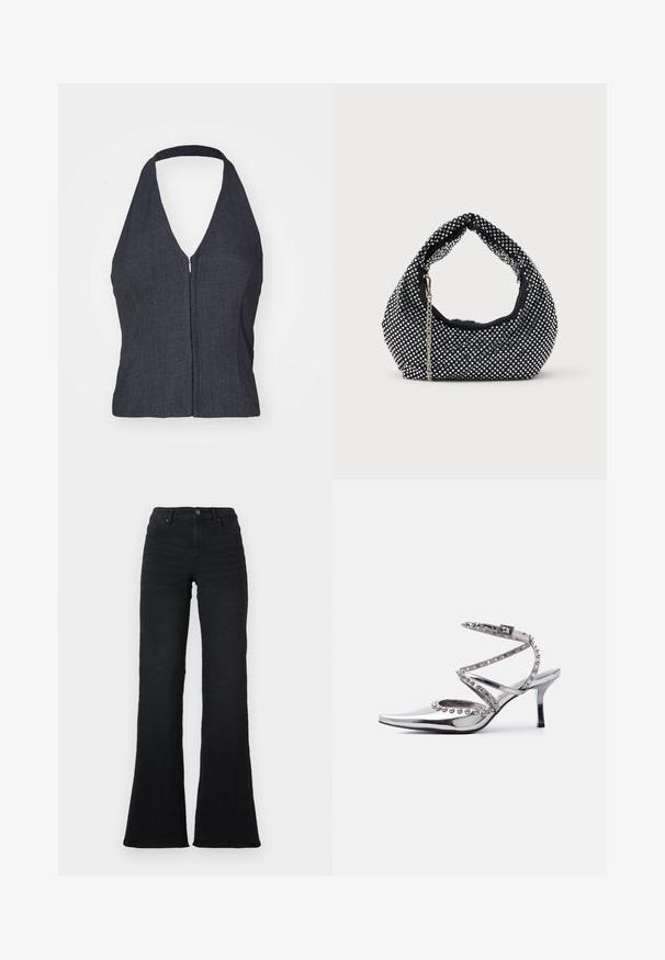 Top halter de mezclilla oscura con un escote en V profundo, cierre frontal de cremallera y diseño ajustado. Textura suave y estilo minimalista.; Jeans de mezclilla negros de cintura alta y pierna acampanada con bolsillos frontales, trabillas y cierre de botón sobre un fondo blanco.; Zapato de tacón alto plateado con punta puntiaguda, correa en el tobillo y tachuelas decorativas en forma de bola plateada en las correas y bordes sobre fondo blanco.; Bolso de malla negra adornado con tachuelas plateadas, con un asa curvada y una correa de cadena. Textura suave con forma redondeada.