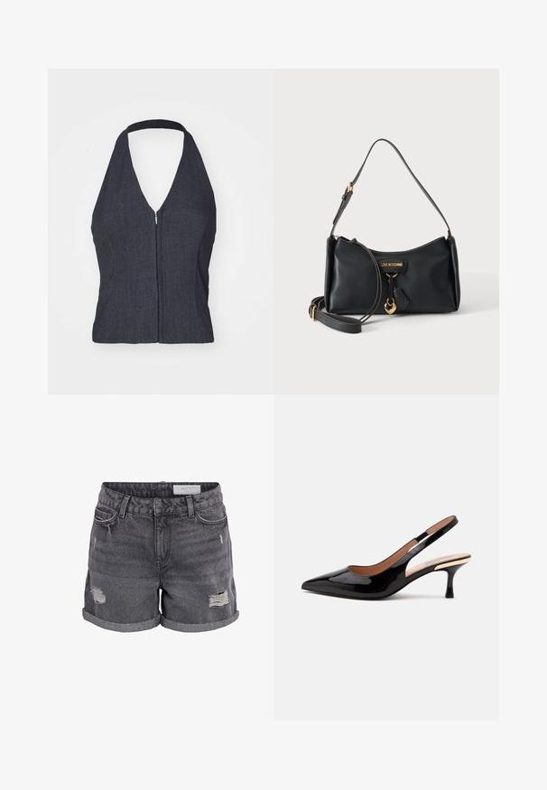 Top halter de mezclilla oscura con un escote en V profundo, cierre frontal de cremallera y diseño ajustado. Textura suave y estilo minimalista.; Shorts vaqueros de color gris oscuro con puños enrollados y parches desgastados en la parte frontal de los muslos, con bolsillos delanteros y cinturilla con cierre de botón.; Zapato de salón slingback de charol negro con punta afilada y tacón bajo tipo kitten sobre un fondo blanco liso.; Bolso de hombro Moschino negro con colgante de corazón dorado, correa ajustable y placa con logotipo sobre un fondo liso.