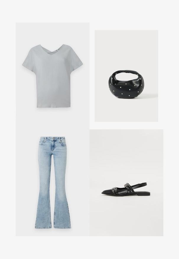Haut gris clair à manches courtes avec un col en V et un détail croisé au niveau du col, fabriqué à partir d'un tissu doux avec une texture lisse.; Jean flare en denim bleu clair avec une taille mi-haute, cinq poches et des coutures bien marquées le long des bords, comportant un système de fermeture à bouton en métal.; Even&Odd Ballerines à brides arrière - black; Sac à main en cuir noir de forme arrondie, décoré de clous argentés et équipé d'une poignée courte. Texture lisse et fermeture éclair.