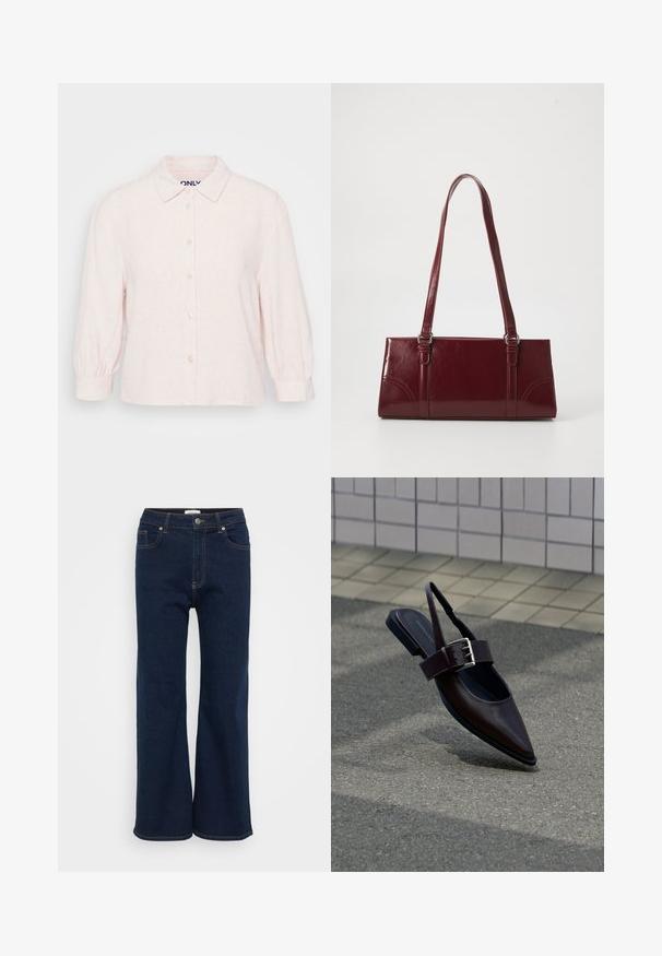 Lyserød linnedskjorte med knaplukning foran, klassisk krave og trekvartlange puffede ærmer. Materialet har en subtil tekstur.; Mørkeblå denim wide-leg jeans med lukning foran med knap og lynlås, fem lommer og kontrastsyde. Glat tekstur.; Mørkebrune flade slingback-sko med spids tå, bred rem og stor sølvspænde på asfalt nær flisebelagt væg.; Bordeaux håndtaske lavet af glansfuldt materiale, rektangulær form, med to skulderremme og subtile buede detaljer på forsiden.