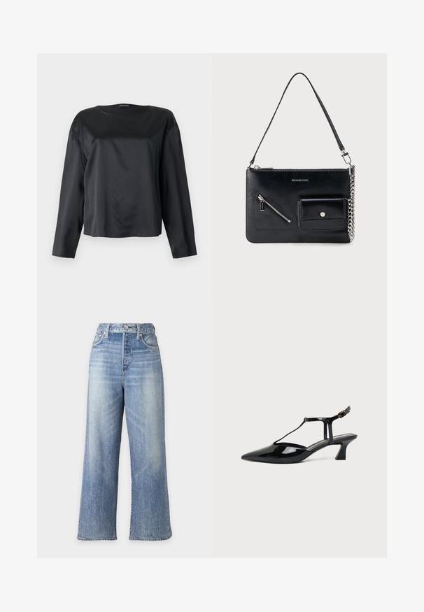 Blouse noire en satin à manches longues avec un col rond et une coupe décontractée, présentée à plat sur un fond clair.; Jean bleu clair taille haute à jambes larges avec poches avant, passants de ceinture et fermeture par bouton, présenté sur un fond blanc uni.; Chaussure slingback en cuir verni noir à bout pointu avec bride en T et petit talon bloc incliné sur fond blanc.; Sac à bandoulière en cuir noir Michael Kors avec fermeture éclair supérieure, poche avant zippée en diagonale, poche à rabat avec bouton-pression et détail en chaîne argentée.