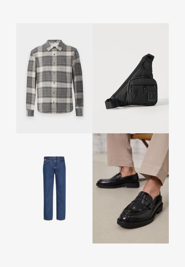 Chemise à manches longues à carreaux noir et crème. Dotée d'un devant à boutons, d'un col classique et d'un motif à carreaux varié. Texture de tissu douce.; Jean bleu à jambes droites en denim, doté de cinq poches, d'une fermeture par bouton et zip, et d'un léger délavage sur le tissu.; Mocassins en cuir noir avec une finition lisse, ornés d'une sangle décorative et de coutures contrastées, associés à un pantalon beige.; Sac bandoulière noir Calvin Klein avec bandoulière ajustable, poche avant zippée et motif logo discret sur un fond uni.
