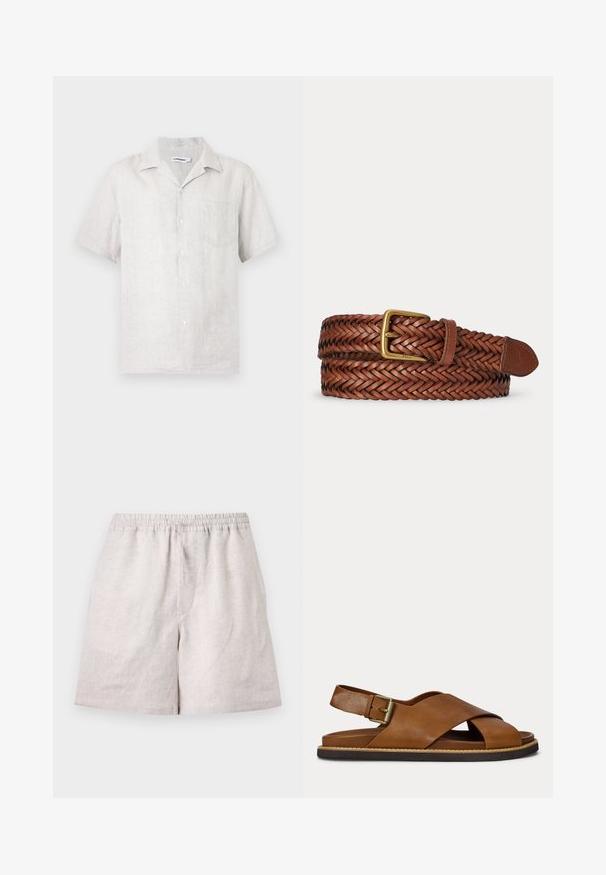 Kortermet skjorte med knapper i lys beige lin med venstre brystlomme og klassisk krage.; Lys beige linshorts med elastisk midjebånd og snor, kneelengde, lagt flatt på hvit bakgrunn.; Brun skinnsandaler med kryssede remmer, justerbar spenne på bakre rem og svart såle med beige sømdetalj.; Flettet brun lærbelte med messing spenne og lærspiss, rullet sammen på hvit bakgrunn.