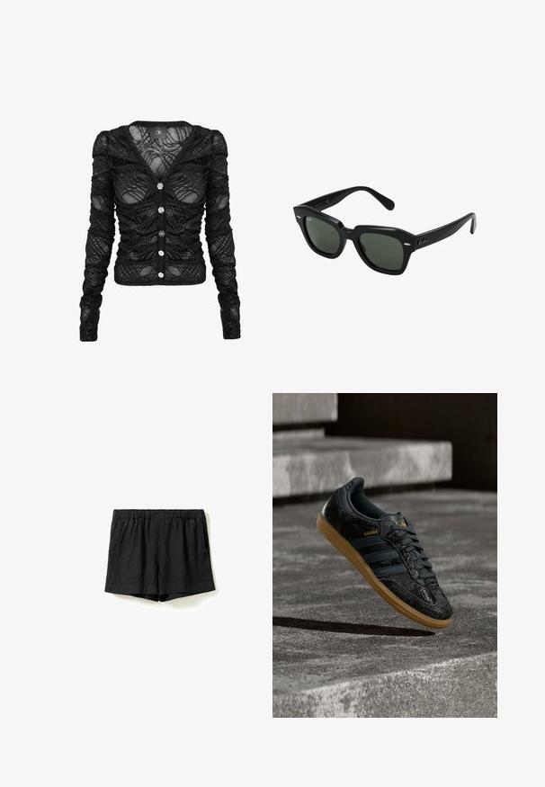 Sort langærmet cardigan lavet af gennemsigtig blonde med rynkede detaljer, med V-hals og seks sølvfarvede knapper foran.; Sorte afslappede shorts med elastisk talje og sidelommer, lavet af letvægtstof, vist fladt på hvid baggrund.; Sort Adidas Samba-sneaker med struktureret mønster, gummisål og guldlogo, placeret i luften over betontrin.; Sorte firkantede solbriller med mørkegrønne linser, der har kraftige stel og sølvdetaljer på siderne. Fremstillet i Italien.
