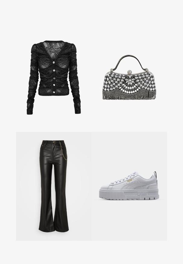 Sort langærmet cardigan lavet af gennemsigtig blonde med rynkede detaljer, med V-hals og seks sølvfarvede knapper foran.; ONLY ONLCAMILLE IDINA WIDE - Bukser - black; Hvide platform sneakers med en glat læderoverdel, polstret krave, grå gummisål og gyldne detaljer med Puma-logoet.; Sort aftentaske prydet med sølv-rhinsten i blomster- og geometriske mønstre, med en lille hank og en rhinsten-lukning.