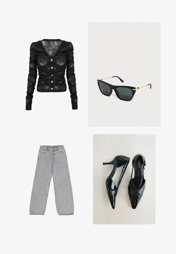 Sort langærmet cardigan lavet af gennemsigtig blonde med rynkede detaljer, med V-hals og seks sølvfarvede knapper foran.; Grå brede jeans lavet af denim, med et klassisk fem-lomme design og høj talje, samt subtile falmninger og sy-detaljer.; Sorte patentlæder højhælede sko med krydsende stropper, spidse tæer og en sidelukning. Glat tekstur med en blank finish.; Sorte plastik solbriller med mørke linser, vinkelret form, guld accenter på rammen og tynde guld arme. Mat finish med glat tekstur.