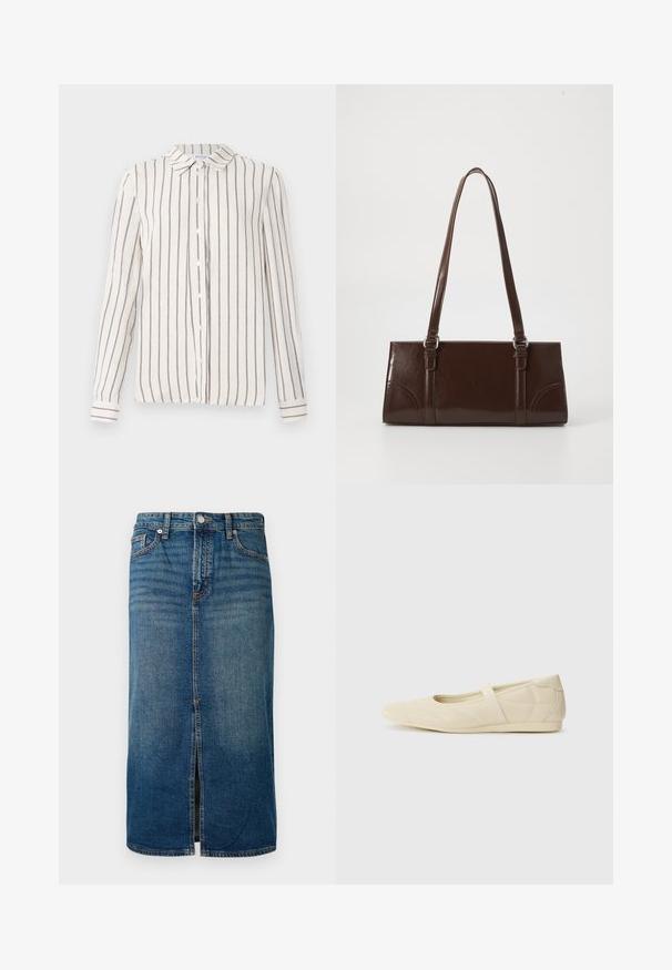 Lichtbeige overhemd met knoopsluiting en verticale marineblauwe strepen, uitgerust met een klassieke kraag, lange mouwen en een rechte zoom. Gemaakt van lichte stof.; Donkerblauwe denim midi-jurk met een frontslit, vijf zakken en contrasterende stiksels. Voorzien van een knoop- en ritsluiting bij de taille.; Beige ballerina's met een gladde leren buitenkant, amandelvormige punt en elastische band over de wreef, met subtiele stiksels.; Bruine lakleren handtas met een rechthoekige vorm, twee lange handvatten en subtiele gebogen accenten aan de voorkant.