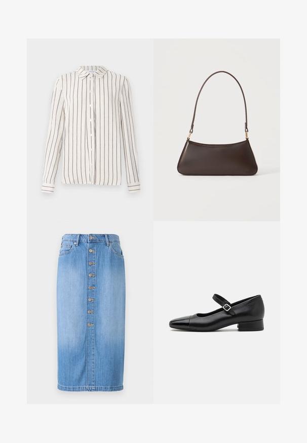 Lichtbeige overhemd met knoopsluiting en verticale marineblauwe strepen, uitgerust met een klassieke kraag, lange mouwen en een rechte zoom. Gemaakt van lichte stof.; Blauwe denim midi-rok met een rechte snit, voorzien van een sluiting met knopen aan de voorkant, vijf zakken en een vervaagde wassing voor textuur.; Zwarte leren Mary Jane schoenen met een gepatenteerde neus, verstelbare enkelband en lage blokhak. Een gladde textuur en een elegante uitstraling.; Donkerbruine leren handtas met een gebogen bovenrits en een dunne schouderriem met gouden sluitingen op een effen achtergrond.