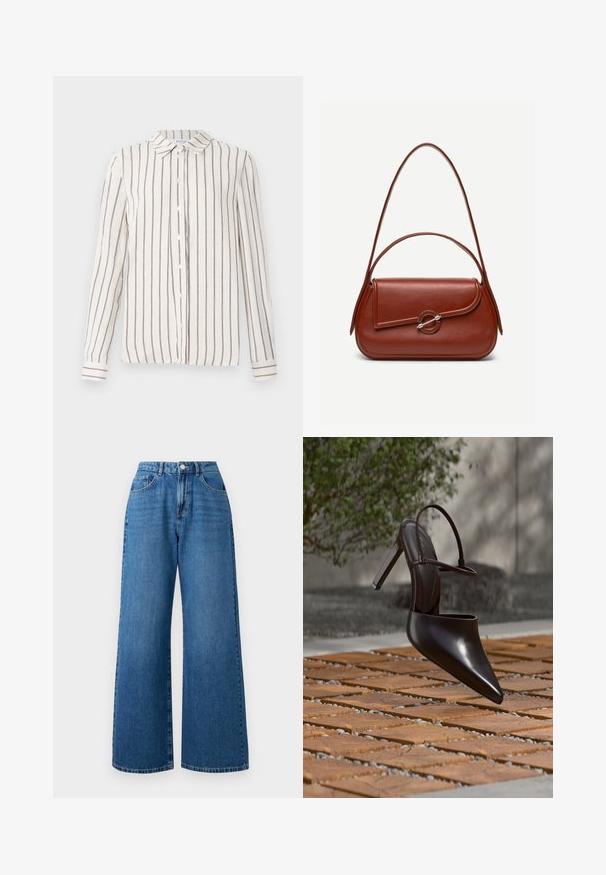 Lichtbeige overhemd met knoopsluiting en verticale marineblauwe strepen, uitgerust met een klassieke kraag, lange mouwen en een rechte zoom. Gemaakt van lichte stof.; Brede blauwe denim jeans met een hoge taille, voorzien van een vijf-pocketdesign, een sluiting met een knoop aan de voorkant en subtiele vervaging op de stof.; Glanzende zwarte hoge hak mule met spitse neus en enkelriem, zwevend boven een oppervlak met terracottategels en grindvoegen.; Bruine leren schoudertas met afgeronde rechthoekige vorm, asymmetrische klep, zilveren ronde sluiting en twee dunne bandjes.